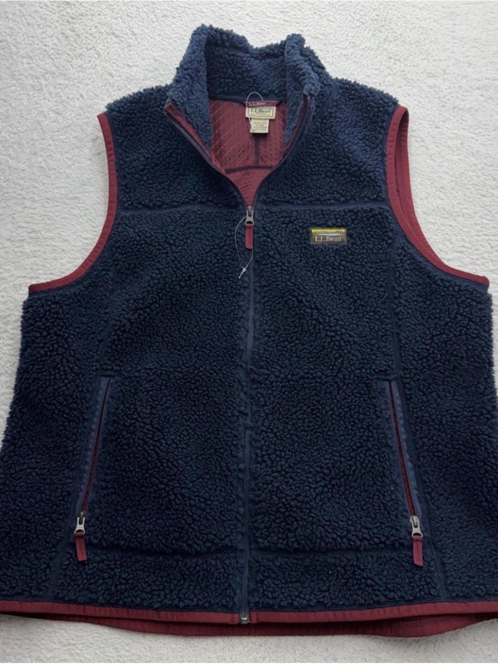 L.L. Bean Navy Sherpa Fleece Vest with Burgundy Trim